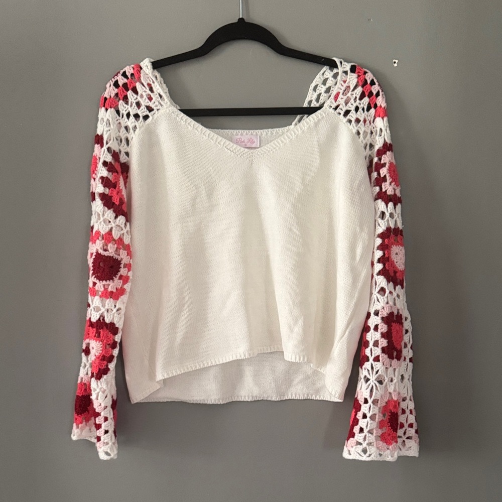 Pink Lily White Top with Pink Crochet Sleeves